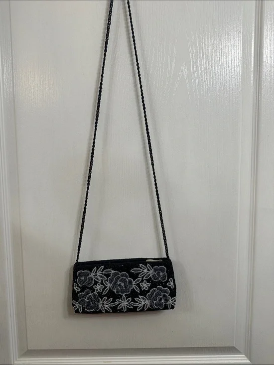 Vintage Black Clutch with White Floral Beading