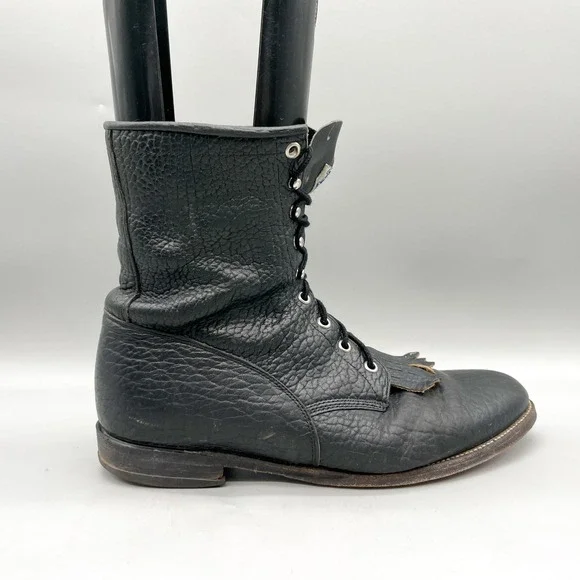 Justin Mens 11 D Lace Up Kiltie Work Boots Black Pebbled Leather VTG Rugged