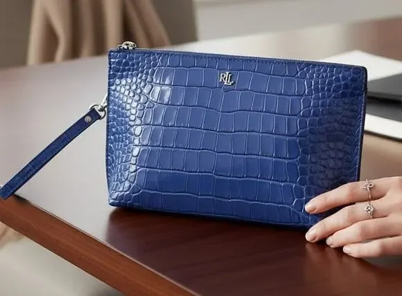 Ralph Lauren Large Blue Croc Embossed Leather Pouch RLL Zip Clutch NWT