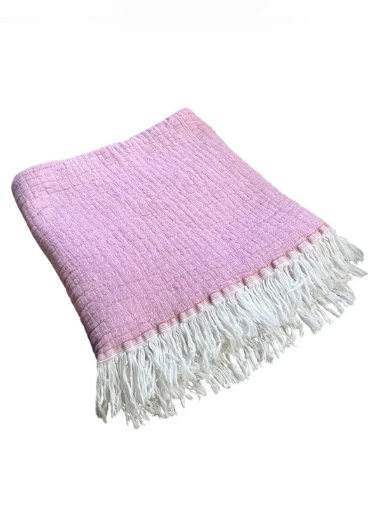 Texteis Penedo Two Tone Cotton Gauze Throw Blanket in Pale Pink/Orange w/Fringe
