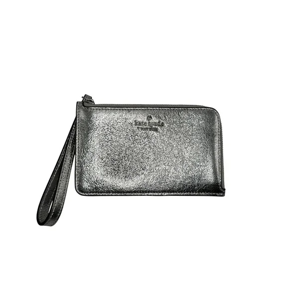 Kate Spade New York Silver Metallic Wristlet Zip Pouch Clutch Coin Purse‎