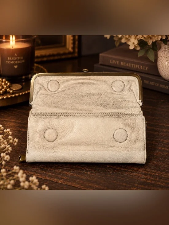 HOBO International Cream Distressed Leather Frame Organizer Wallet Clutch