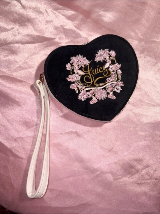 Juicy Couture Black Heart Wristlet with Pink Floral Embroidery and White Strap