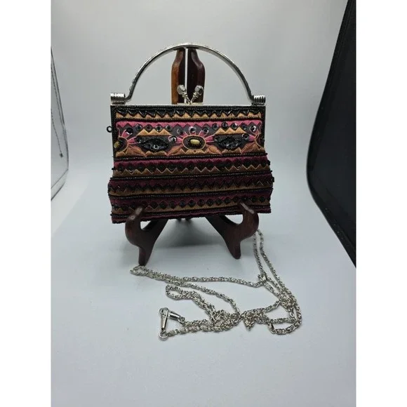 Beaded Evening Bag Silver Handle Clutch Purse Vintage Style Crossbody Strap 7