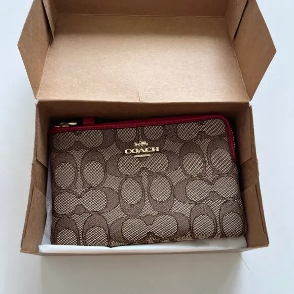 COACH Corner Zip Wristlet in Signature Canvas Khaki True Red
