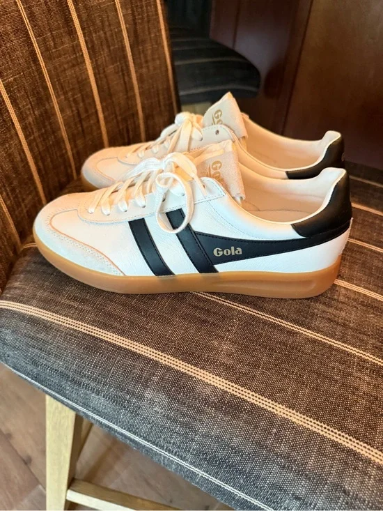 Gola White Sneakers with Black Stripes and Gum Sole