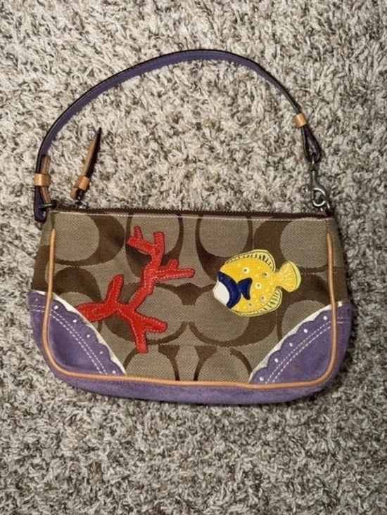 Coach Brown Signature Canvas Wristlet with Purple Trim and Colorful Appliqués