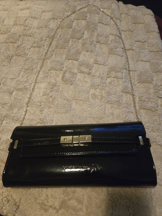 Black Patent Leather Chain Wristlet Clutch with Gold Hardware