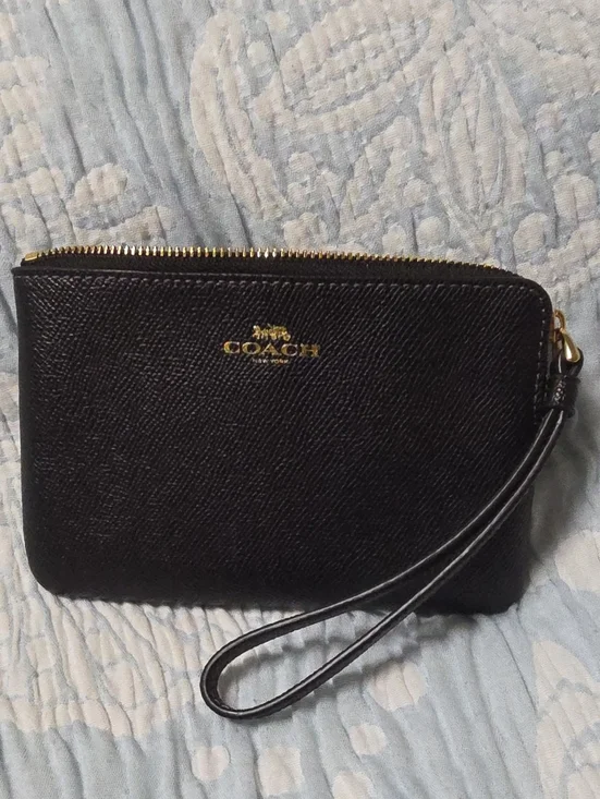 Coach Black Leather Zip Wristlet with Gold Logo
