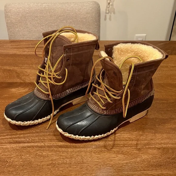 L.L. Bean Brown and Black Insulated Duck Boots with Shearling Lining