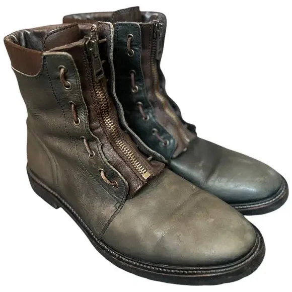 AllSaints Leather Front Zip Military Boots Lampo Distressed EU 46 US 13