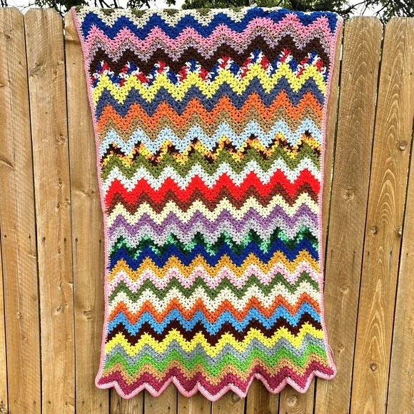 Vintage Crochet Zig Zag Afghan Blanket Throw Colorful Chevron Pattern 63