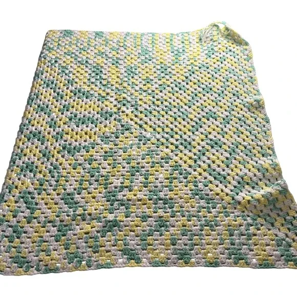 Handmade Crochet Baby Blanket Mint Green Yellow White Granny Square Afghan 32x36