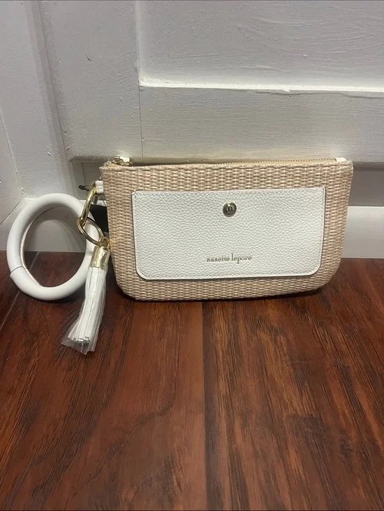 Nanette Lepore Beige and White Woven Wristlet with Detachable Bangle