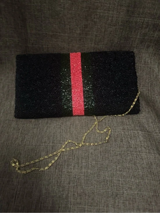 Moyna Black Beaded Clutch with Gold Bee and Red-Green Stripe