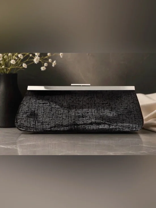Calvin Klein Black Textured Evening Clutch with Silver Trim