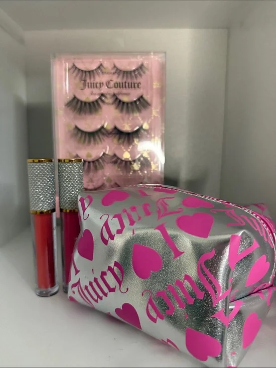 S Juicy Couture Silver Pink Cosmetic Pouch, Lip Glosses & Juicy Lashes