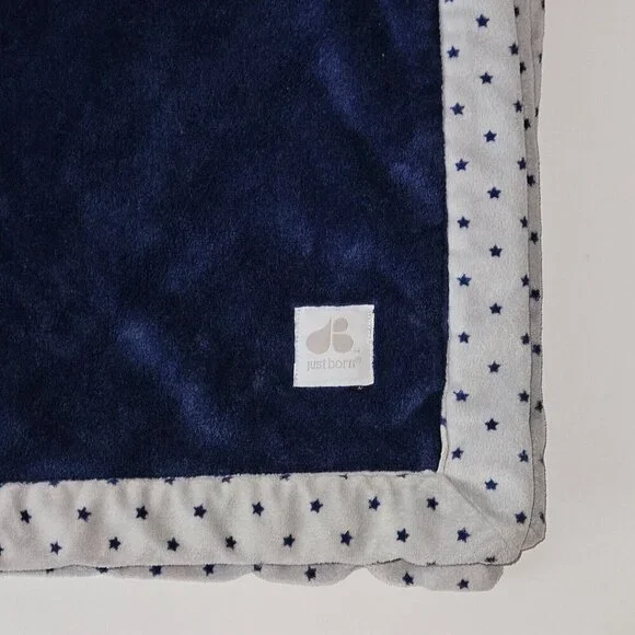 Just Born Navy Blue Gray Stars Trim Fleece Baby Blanket SOFT 29x38 RARE DESIGN