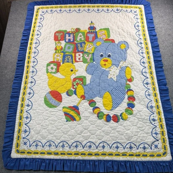 Vintage‎ Teddy and Baby White Crib Blanket Quilted Teddy Bear Duck 34 X 44