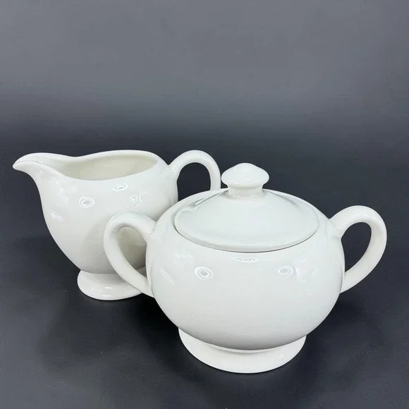 Crate & Barrel White Ceramic Sugar Bowl with‎ Lid and Creamer Set Made in India