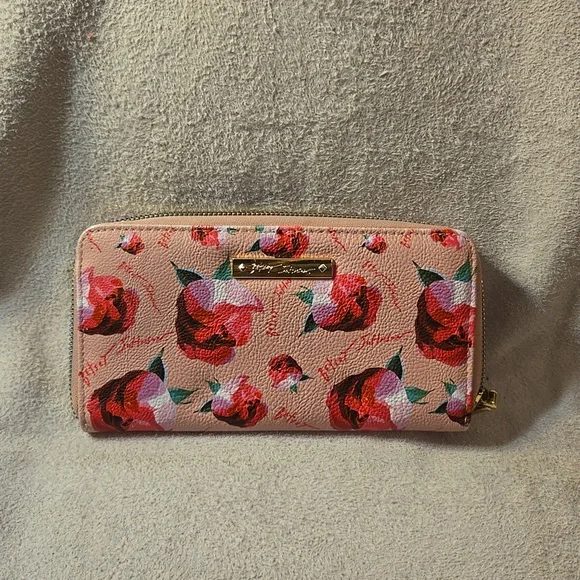 Betsy Johnson Pink rose clutch wallet 8 X 4.5 inches