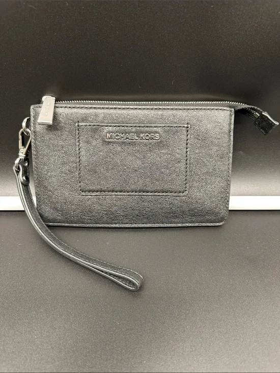 Michael Kors Metallic Crackle Leather Pocket Wristlet Wallet Black / Pewter