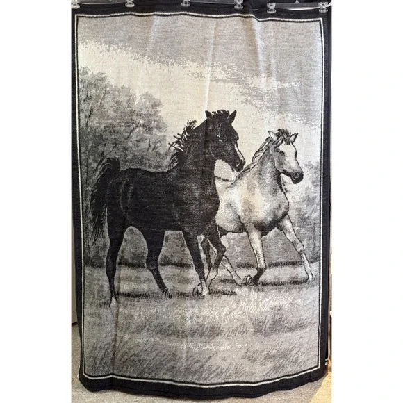 Vtg Biederlack Throw Blanket Horses Reversible Black Gray White Made USA 53x74