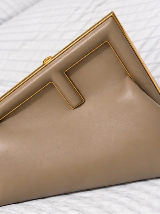 Fendi First Medium Taupe Leather Clutch with Gold Frame Trim