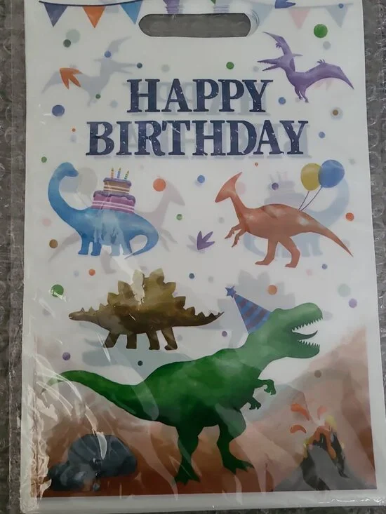 16 Count Dinosaur Goodie Bags That Say Happy Birthday In Original Packaging