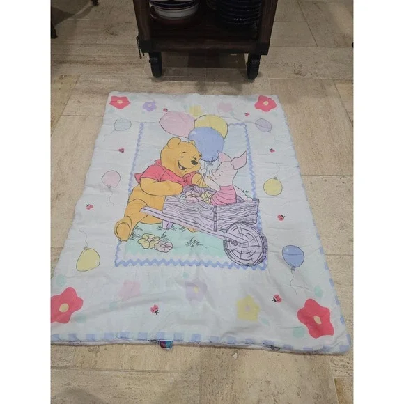 Vintage Winnie the Pooh Crib Comforter Piglet Wheelbarrow Wagon Reversible Rare