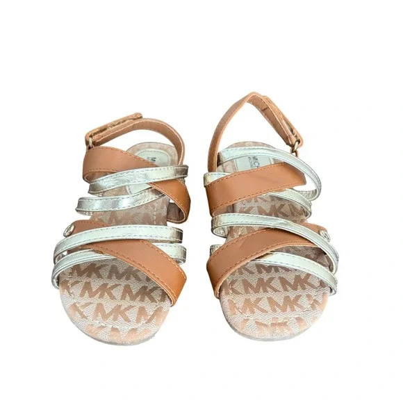 Michael Kors Girls Tan Silver Strappy Logo Sandals MK‎ Monogram Size 13 Kids