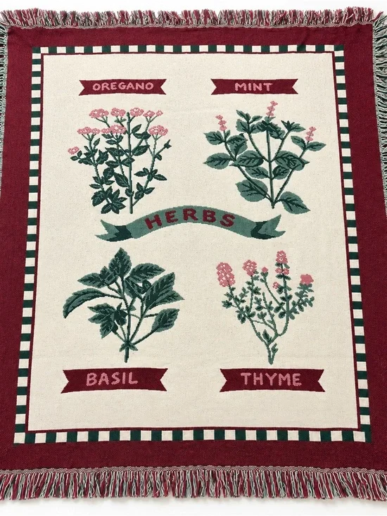 Botanical Herb Woven Tapestry Throw Blanket Burgundy Green Fringe Vintage
