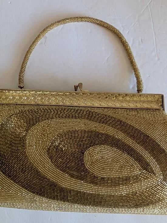 VINTAGE GOLD BEADED ART DECO DESIGN CLUTCH, NEW