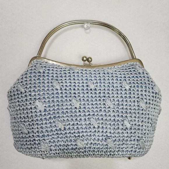Vintage Gaymode Raffia Clutch Purse Womens Blue Woven Kiss Lock Inner Pocket
