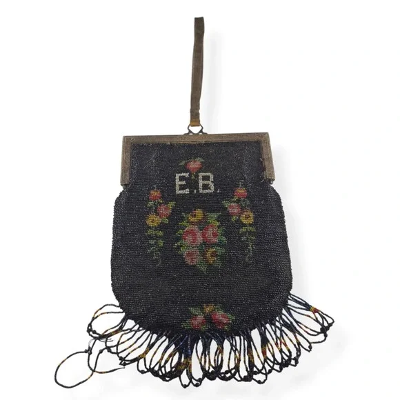 Antique Victorian Micro Beaded Purse Velvet Lining Monogram EB Double Sided 9