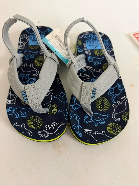 Reef Kids Gray Strappy Sandals with Navy Dino Print and Lime Accents