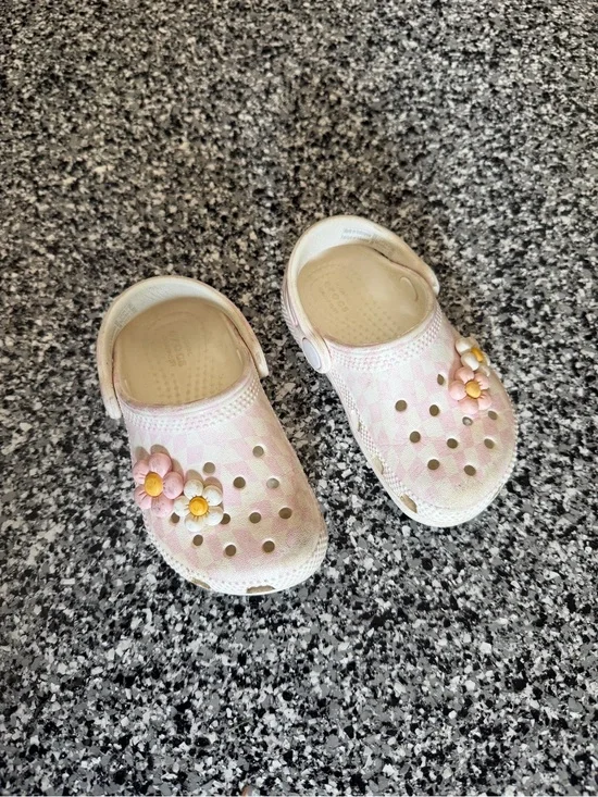 Kids Pink and White Checkered Crocs