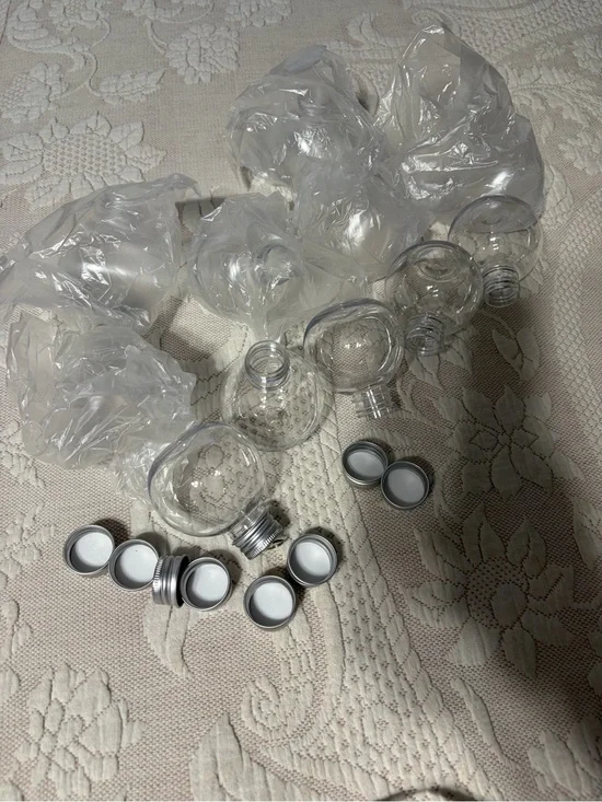 Clear Plastic Bulb Party Favor Bottles with Silver Caps - 11 bottles. 9 caps NEW