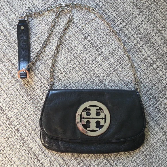 Tory Burch Reva Logo Clutch Flap Bag Black