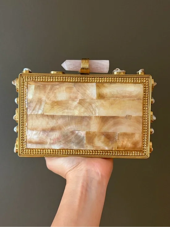 Gold and Shell Rectangular Evening Clutch with Rose Quartz Accent