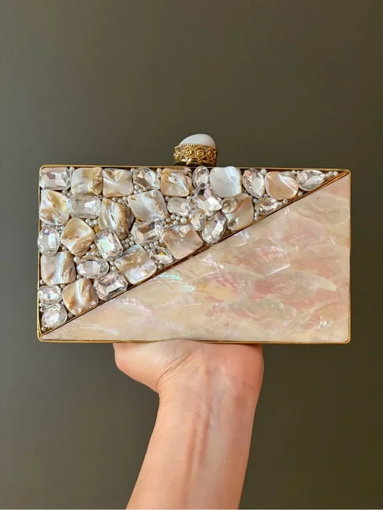 Elegant Pearl & Crystal Embellished Rectangular Clutch - Pink Pearl