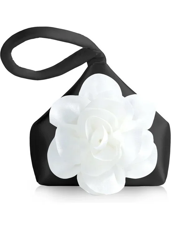 〽️ Women’s Black White Satin Flower Triangle Clutch Wristlet Purse Evening Bag
