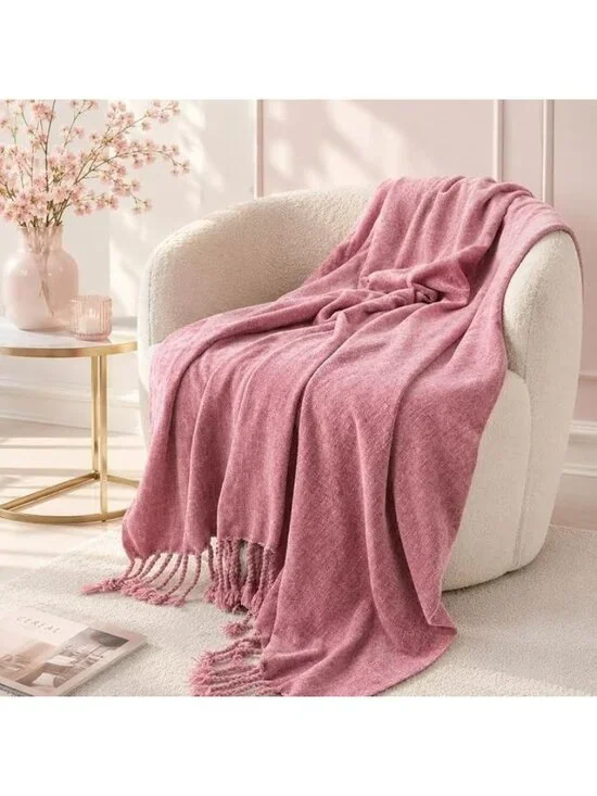 BATTILO HOME Pink Chenille Throw Blanket for Couch, Soft Cozy Textured Knit