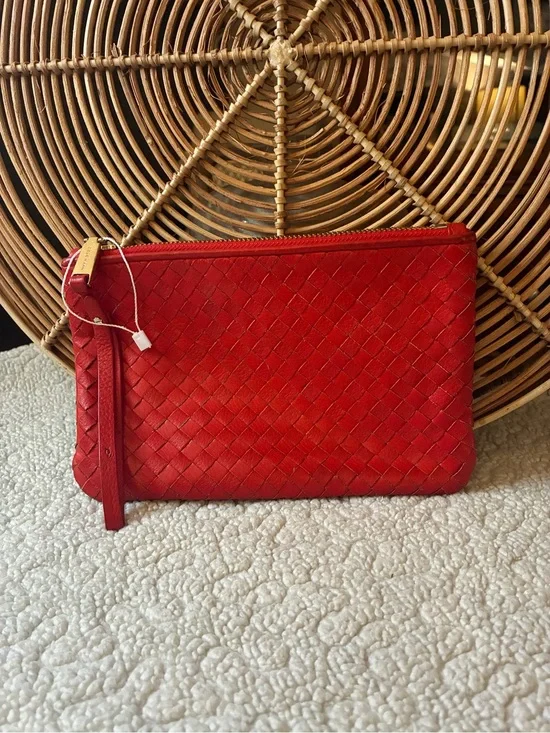 Cole Haan Red Woven Leather Wristlet Clutch Pouch Gold Hardware