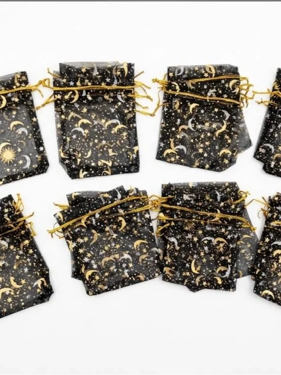 Premium organza drawstring pouches with gold moon & star pattern