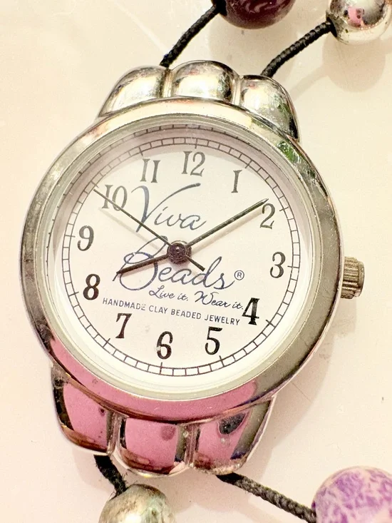 Viva Beads Women's Analog Quartz Beaded Bracelet Watch White Dial Silver Tone