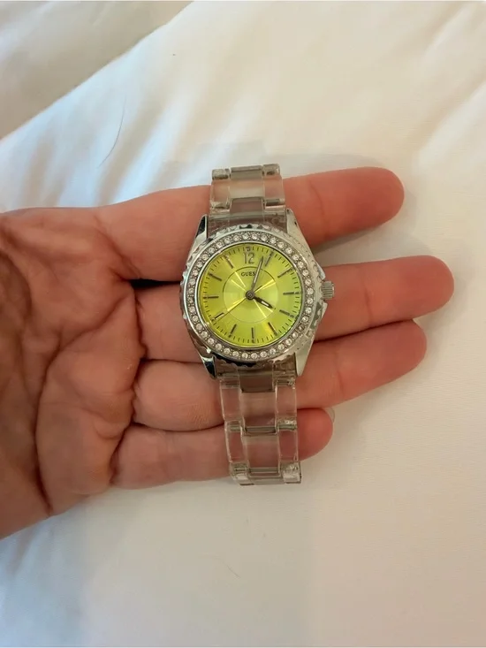 GUESS Clear Bracelet Watch with Lime Green Dial and Crystal Bezel