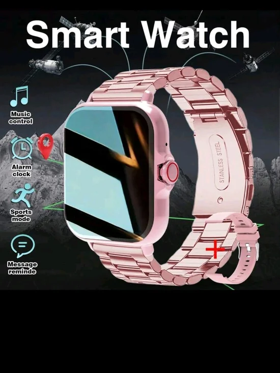 Pink Smart Watch with Stainless Steel Band