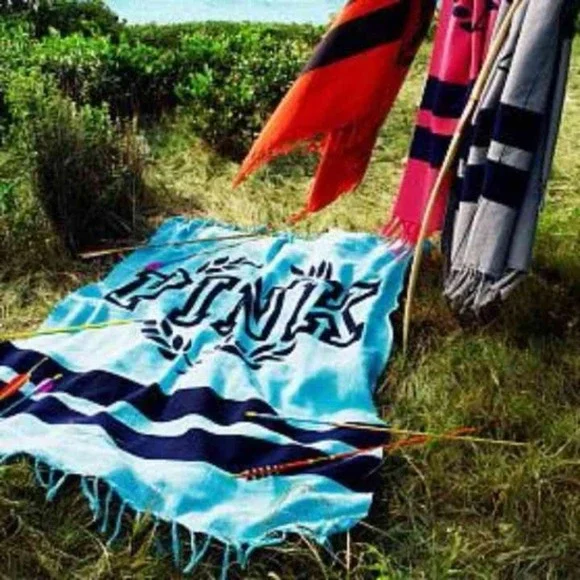 Victoria's Secret PINK Boyfriend Blanket Aqua Navy Blue Logo Fringe 50x60‎ NEW