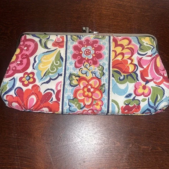 Vera Bradley HOPE GARDEN Double Kiss Lock Quilted Red Pink Floral Wallet Clutch
